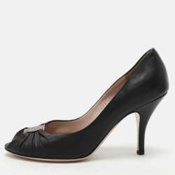 Salvatore Ferragamo Black Leather Fiberia Peep Toe Pumps Size 37.5