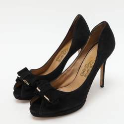 Pre Owned Salvatore Ferragamo Black Suede Rosella Peep Toe Pumps Size 40