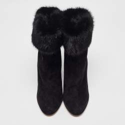 Salvatore Ferragamo Black Shearling Fur and Suede Loris Ankle Length Boots Size 40