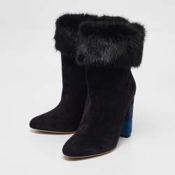 Salvatore Ferragamo Black Shearling Fur and Suede Loris Ankle Length Boots Size 40