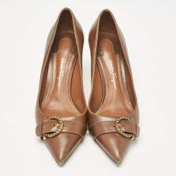 Salvatore Ferragamo Brown Leather Buckle Detail Pumps Size 38