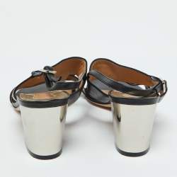 Salvatore Ferragamo Black Leather Bow Strappy Block Heel Sandals Size 37.5