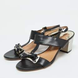 Salvatore Ferragamo Black Leather Bow Strappy Block Heel Sandals Size 37.5