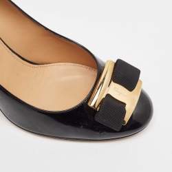 Pre Owned Salvatore Ferragamo Black Patent Leather Vara Bow Block Heel Pumps Size 40.5