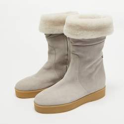 Salvatore Ferragamo Grey Shearling Suede Mid Calf Boots Size 38.5