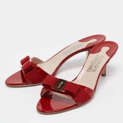 Pre Owned Salvatore Ferragamo Red Patent Leather Vara Bow Slide Sandals Size 40