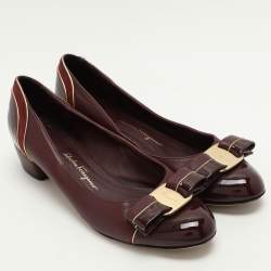 Salvatore Ferragamo Burgundy Leather and Suede Vara Bow Block Heel Pumps Size 35.5