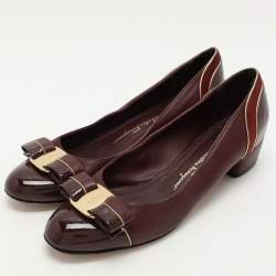 Salvatore Ferragamo Burgundy Leather and Suede Vara Bow Block Heel Pumps Size 35.5