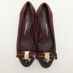 Salvatore Ferragamo Burgundy Leather and Suede Vara Bow Block Heel Pumps Size 35.5