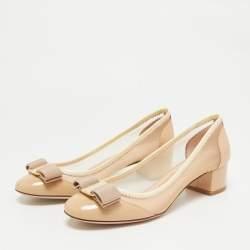 Pre Owned Salvatore Ferragamo Beige Patent And Mesh Vara Bow Pumps Size 36.5