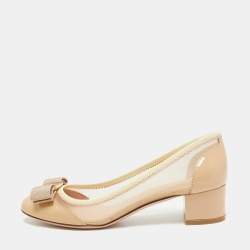 Pre Owned Salvatore Ferragamo Beige Patent And Mesh Vara Bow Pumps Size 36.5