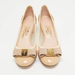 Pre Owned Salvatore Ferragamo Beige Patent And Mesh Vara Bow Pumps Size 36.5