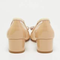 Pre Owned Salvatore Ferragamo Beige Patent And Mesh Vara Bow Pumps Size 36.5