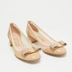 Pre Owned Salvatore Ferragamo Beige Patent And Mesh Vara Bow Pumps Size 36.5