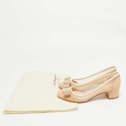 Pre Owned Salvatore Ferragamo Beige Patent And Mesh Vara Bow Pumps Size 36.5