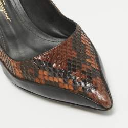 Salvatore Ferragamo Black Leather and Python Leather Pointed Toe Pumps Size 39.5