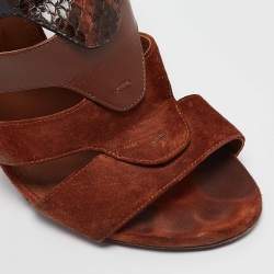Pre Owned Salvatore Ferragamo Brown Python Leather and Suede Laos Ankle Strap Sandals 37.5