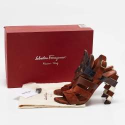 Pre Owned Salvatore Ferragamo Brown Python Leather and Suede Laos Ankle Strap Sandals 37.5