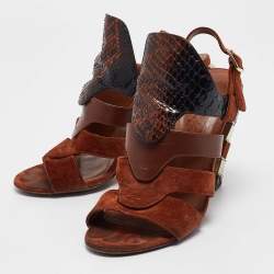 Pre Owned Salvatore Ferragamo Brown Python Leather and Suede Laos Ankle Strap Sandals 37.5