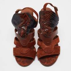 Pre Owned Salvatore Ferragamo Brown Python Leather and Suede Laos Ankle Strap Sandals 37.5