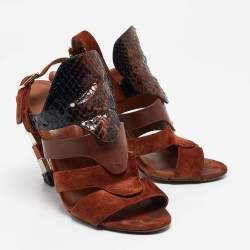 Pre Owned Salvatore Ferragamo Brown Python Leather and Suede Laos Ankle Strap Sandals 37.5