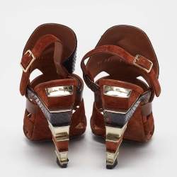 Pre Owned Salvatore Ferragamo Brown Python Leather and Suede Laos Ankle Strap Sandals 37.5