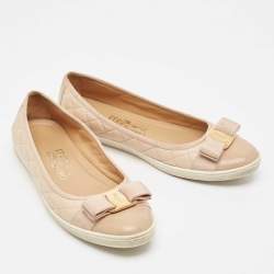Salvatore Ferragamo Beige Leather and Patent Varina Ballet Flats Size 38.5