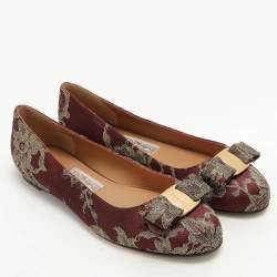 Salvatore Ferragamo Burgundy Lace and Lurex Fabric Ballet Flats Size 38