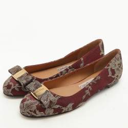 Salvatore Ferragamo Burgundy Lace and Lurex Fabric Ballet Flats Size 38