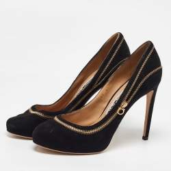 Pre Owned Salvatore Ferragamo Black Suede Rory Zipper Pumps Size 37.5