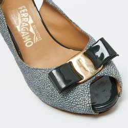 Pre Owned Salvatore Ferragamo Dark Green Stingray Vara Bow Slingback Pumps Size 39.5