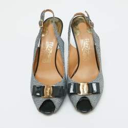 Pre Owned Salvatore Ferragamo Dark Green Stingray Vara Bow Slingback Pumps Size 39.5