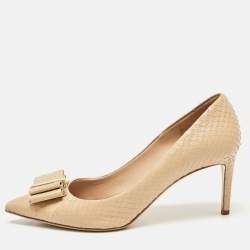 Pre Owned Salvatore Ferragamo Beige Python Bow Zeri Pumps Size 40