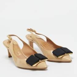 Pre Owned Salvatore Ferragamo Beige Patent Leather Bow Slingback Pumps Size 39