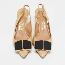 Pre Owned Salvatore Ferragamo Beige Patent Leather Bow Slingback Pumps Size 39