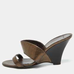 Salvatore Ferragamo Metallic Brown Leather Slide Wedge Sandals Size 41