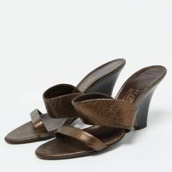 Salvatore Ferragamo Metallic Brown Leather Slide Wedge Sandals Size 41