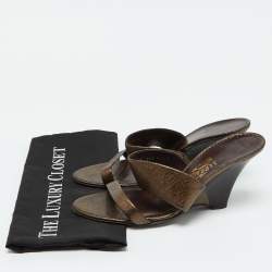 Salvatore Ferragamo Metallic Brown Leather Slide Wedge Sandals Size 41