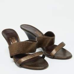 Salvatore Ferragamo Metallic Brown Leather Slide Wedge Sandals Size 41