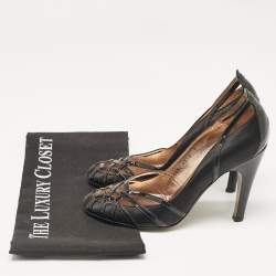 Pre Owned Salvatore Ferragamo Black Satin and Patent Leather Strappy Pumps Size 37.5