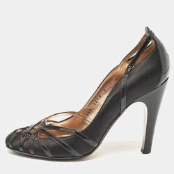 Pre Owned Salvatore Ferragamo Black Satin and Patent Leather Strappy Pumps Size 37.5