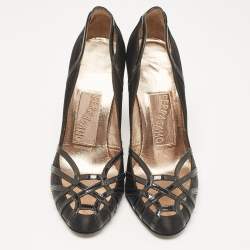 Pre Owned Salvatore Ferragamo Black Satin and Patent Leather Strappy Pumps Size 37.5