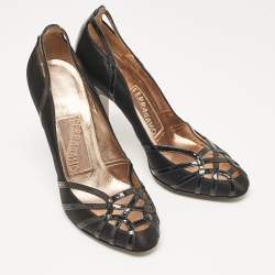 Pre Owned Salvatore Ferragamo Black Satin and Patent Leather Strappy Pumps Size 37.5