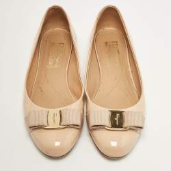 Pre Owned Salvatore Ferragamo Beige Patent Leather Vara Bow Ballet Flats Size 36.5