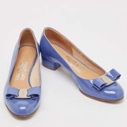 Pre Owned Salvatore Ferragamo Blue Patent Leather Vara Bow Block Heel Pumps Size 36.5