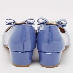 Pre Owned Salvatore Ferragamo Blue Patent Leather Vara Bow Block Heel Pumps Size 36.5