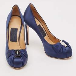 Salvatore Ferragamo Navy Blue Satin Bow Platform Pumps Size 37