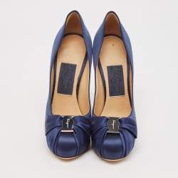Salvatore Ferragamo Navy Blue Satin Bow Platform Pumps Size 37