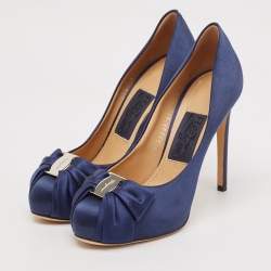 Salvatore Ferragamo Navy Blue Satin Bow Platform Pumps Size 37