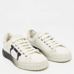 Pre Owned Salvatore Ferragamo White/Black Leather Gancini Logo Print Sneakers Size 35.5